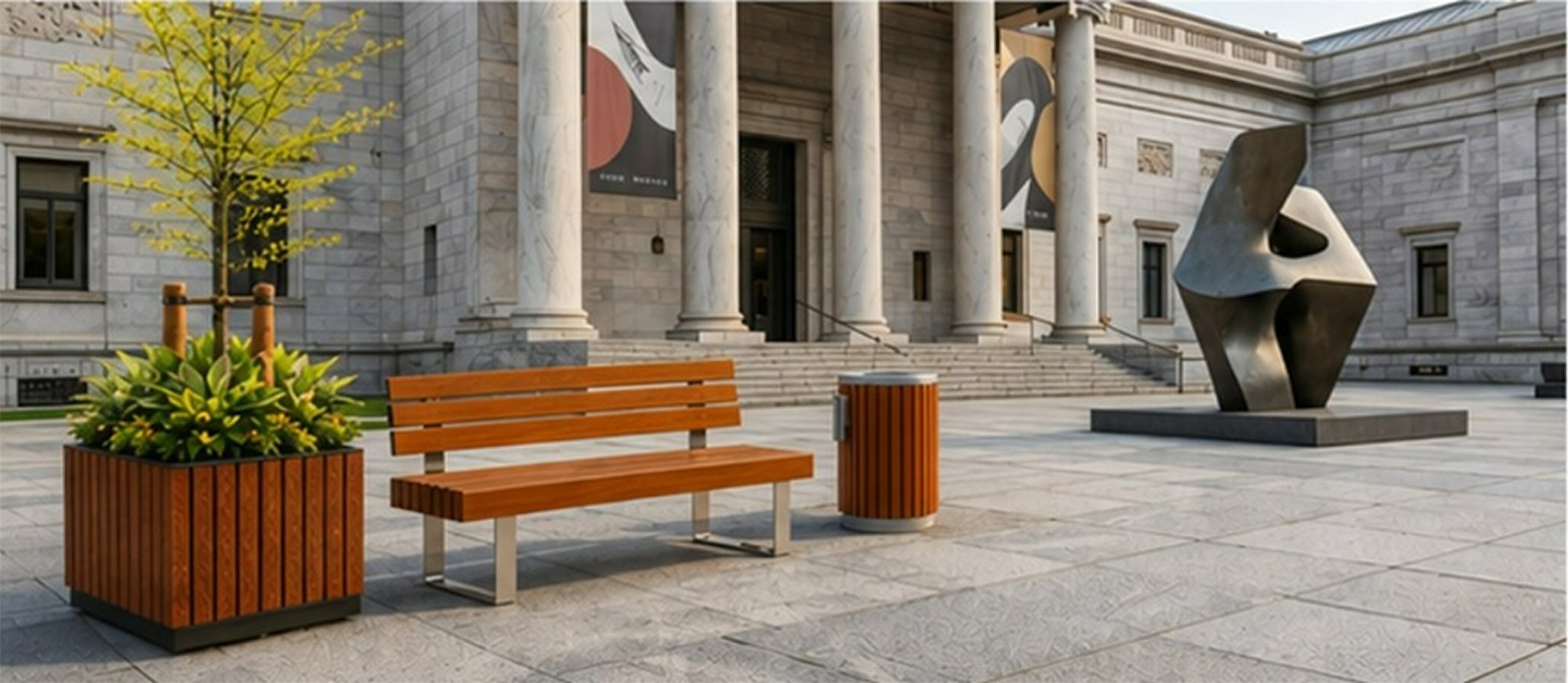Palmverra furniture outside a museum