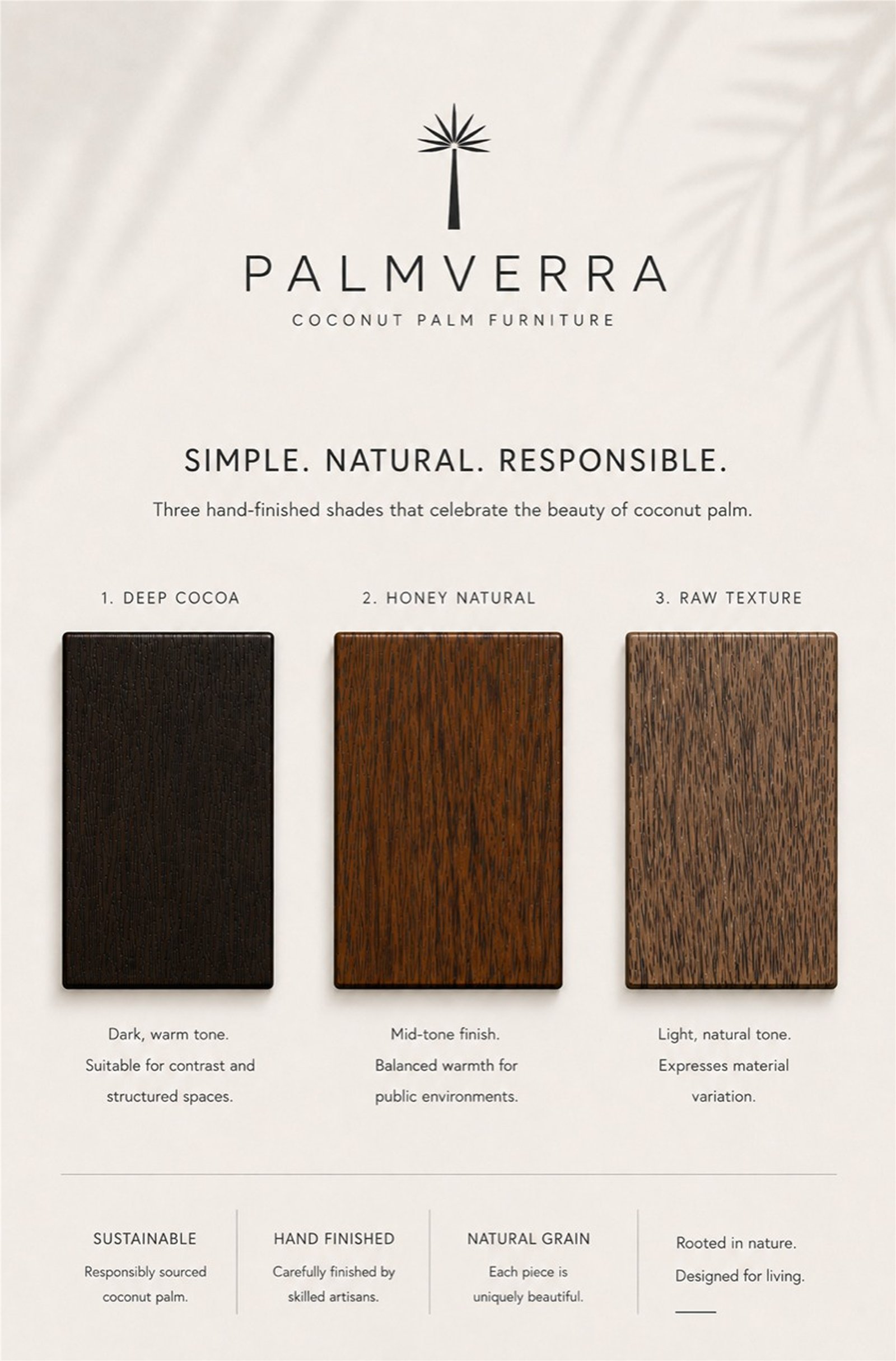 Palmverra timber tones: Deep Cocoa, Honey Natural and Raw Texture