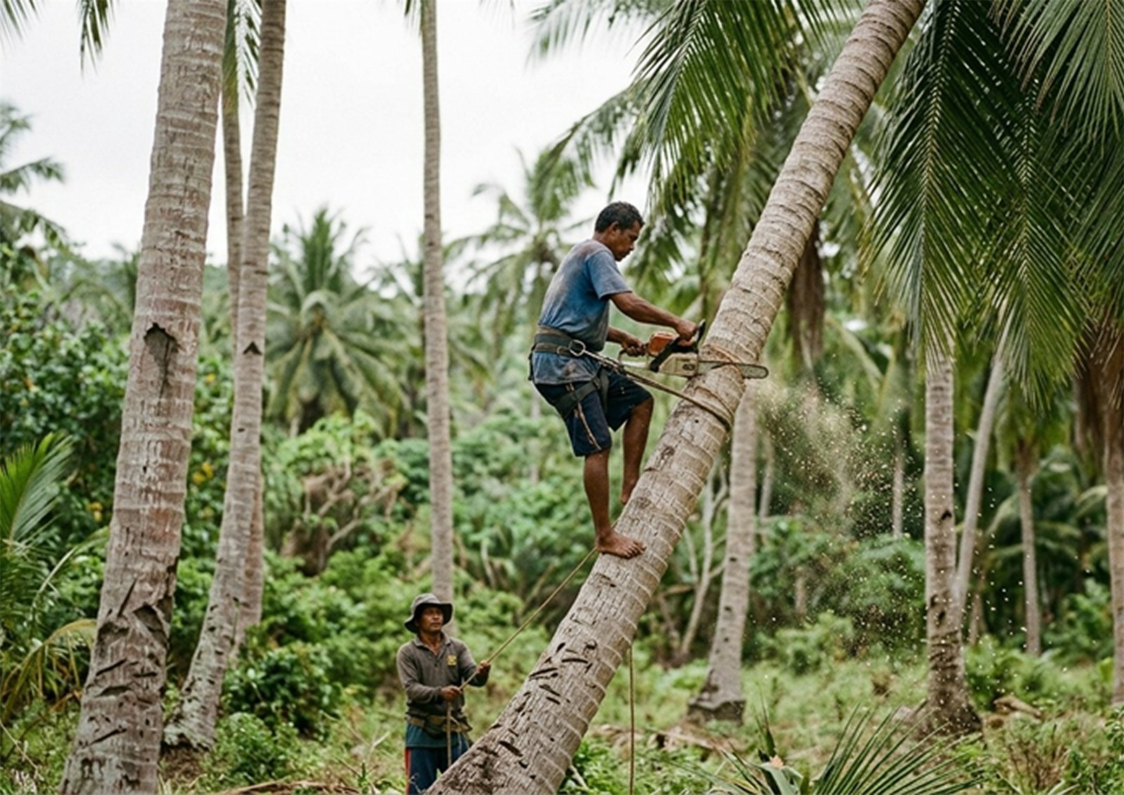 Worker felling an end-of-life palm