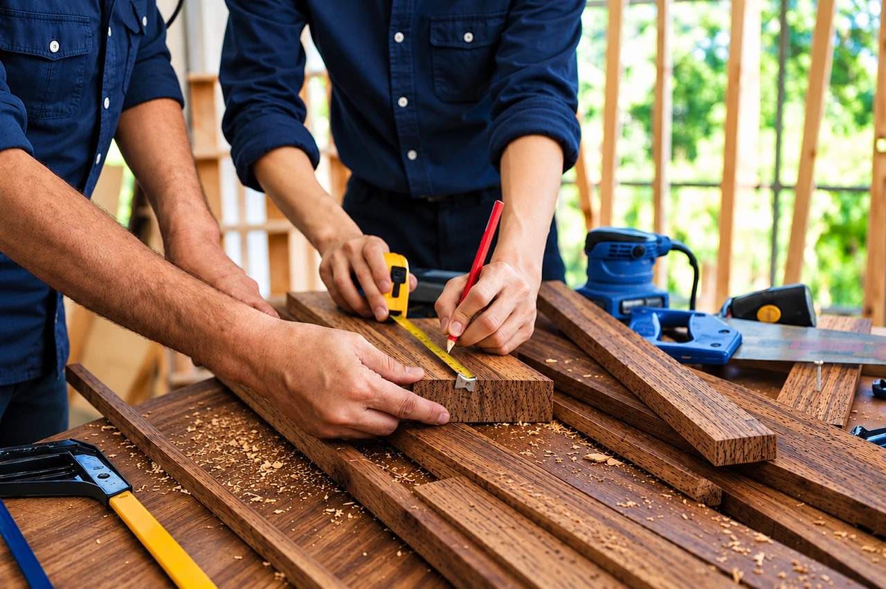 Craftsmen measuring and marking timber on a workbench