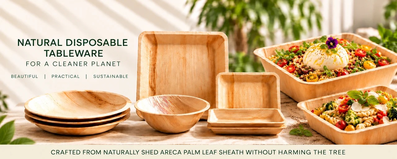 Palmverra natural disposable tableware for a cleaner planet: areca palm leaf plates, bowls and trays