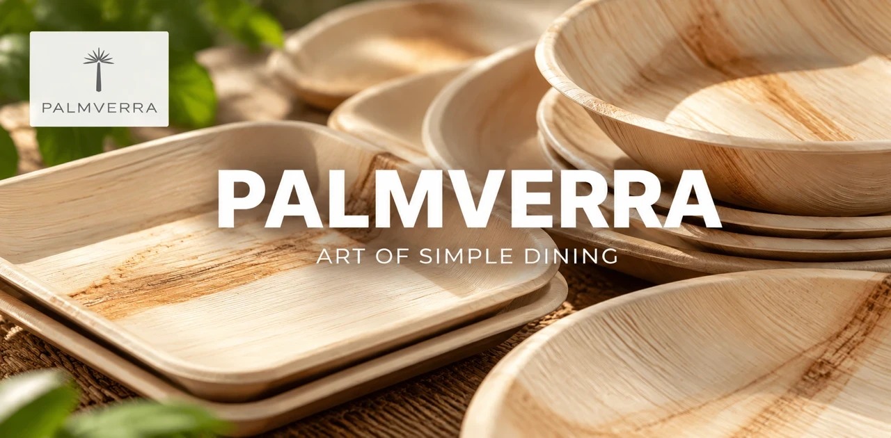 Palmverra areca palm leaf plates and bowls on a wooden table