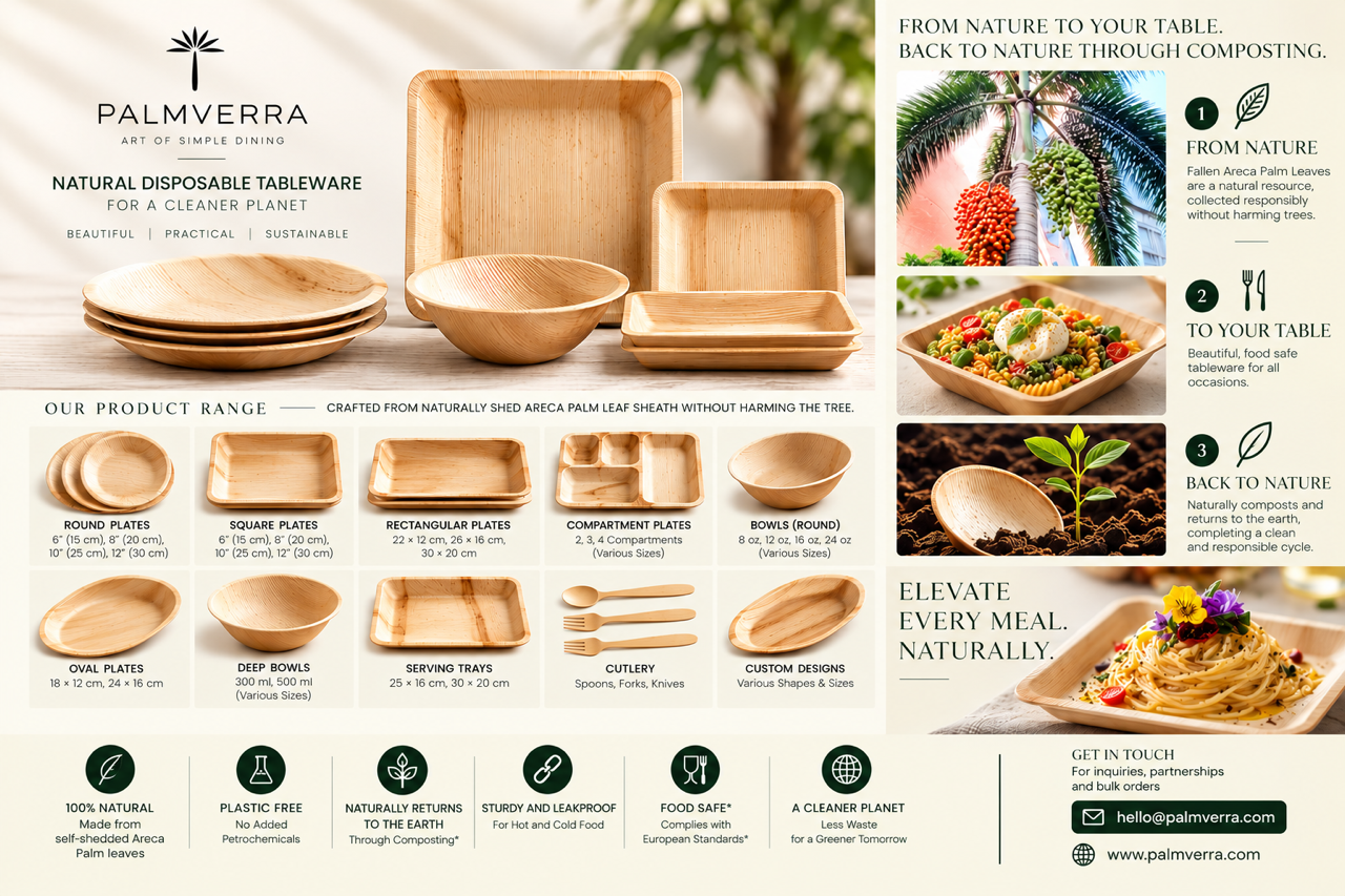 Palmverra areca palm leaf tableware range: round, square and rectangular plates, compartment plates, bowls, trays and cutlery